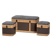 Baxton Studio Clarence Modern and Contemporary Transitional Dark Grey and Dark Brown Fabric Upholstered Oak Brown Finished 3-Piece Storage Ottoman Trunk Set